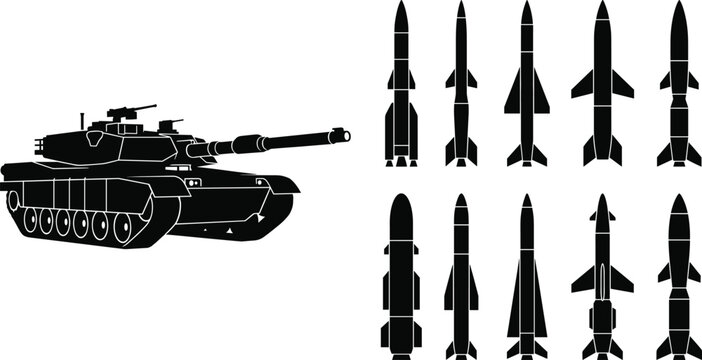 Military Tank and Rocket Missile Silhouette Collection Set Isolated on White Background Vector Illustration