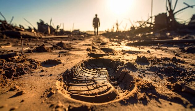 Bootprint on Scorched Earth with Distant Figure
