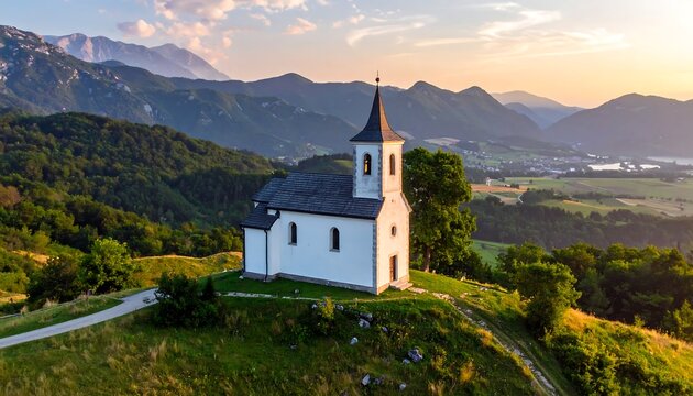 A small white church atop a hill at dawn, with a winding path leading to it. Lush green forests surround