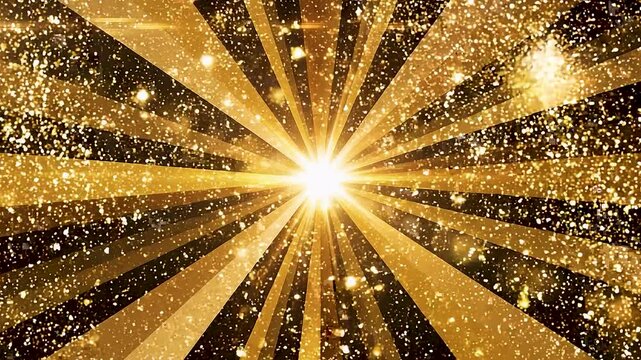 Explosion of diamonds and gold particles in abstract radiant burst motion footage.