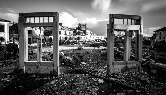 Ruined building with broken window frames under cloudy sky