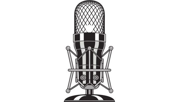 Professional silver studio condenser microphone on a stand with a mesh grill and metal components isolated on white background for recording and broadcasting