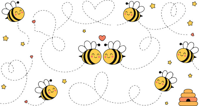Cute bumblebee seamless vector pattern featuring smiling cartoon insects, dotted flight trails and heart shapes in whimsical illustration style