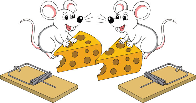 Cute mouse and cheese vector set featuring cartoon rodents, Swiss cheese slices and wooden traps in playful illustration style