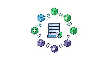 Blockchain Network Security with Server and Shield Icon © soto
