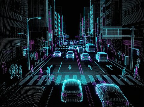 Futuristic LiDAR point cloud data visualization of a city street