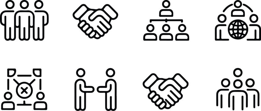 Professional business teamwork icon set featuring handshakes organizational hierarchy charts and group collaboration symbols isolated on white background for corporate.