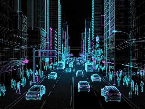 Futuristic LiDAR point cloud data visualization of a city street