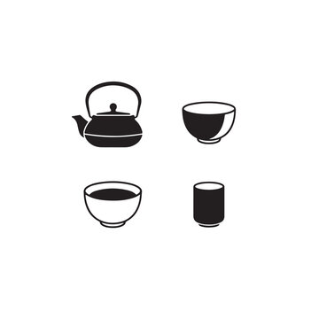 Japanese Tea Set Icons - Minimalist Vector Illustration of Teapot, Chawan Bowl, and Yunomi Cup.