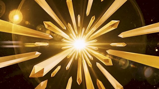 Golden crystal starburst exploding with light and sparkles, abstract motion background.