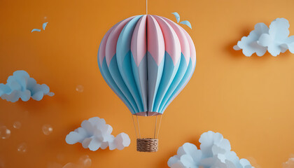 Naklejka premium Hot air balloon, pink and blue, floating amidst white clouds on orange background