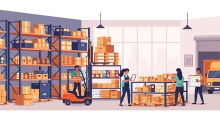 Warehouse workers loading boxes with forklift and checking inventory © Resna