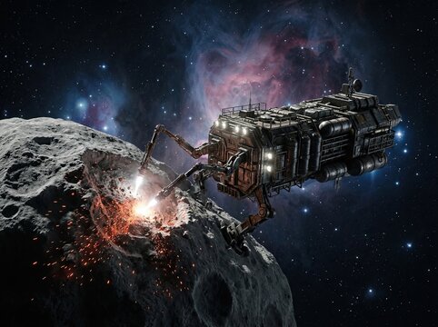 Complex industrial mining spacecraft drilling into massive asteroid in deep space