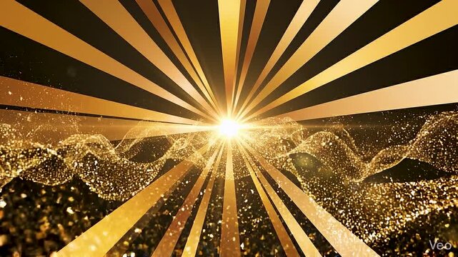 Golden sunburst with sparkling particles swirling around and behind radiating golden rays on black background.