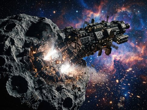 Complex industrial mining spacecraft drilling into massive asteroid in deep space