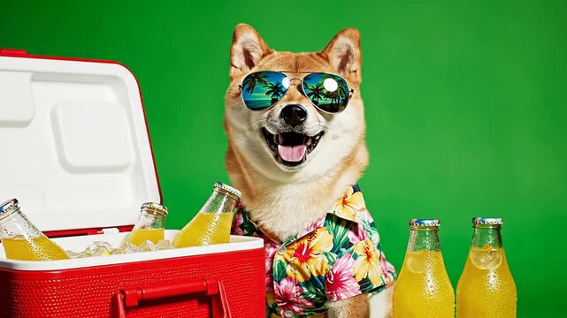 Cheerful Shiba Inu in Sunglasses and Hawaiian Shirt Next to Cooler Filled with Refreshing Drinks on Vibrant Green Background