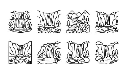 Waterfall web icon set with nature landscape and flowing water vector design © MD