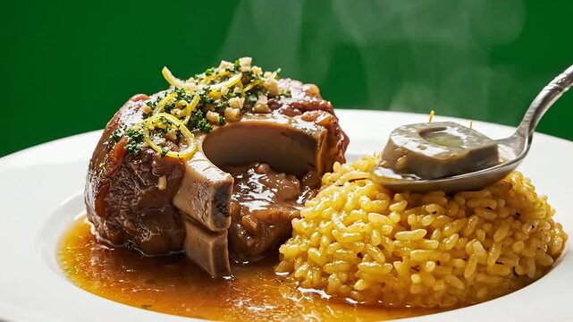 Close-Up Culinary Shot Of Tender Meat Garnished With Herbs And Served With Fragrant Yellow Rice Against A Green Background