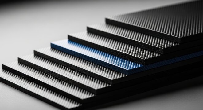Carbon fiber sheet stack arranged in stepped pattern showcasing texture design