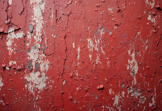 Peeling red paint on a wall, with chipped and flaking texture