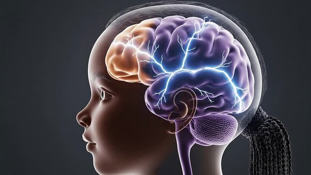 Conceptual Illustration Of A Child's Head Displaying A Glowing Brain With Neural Activity Against A Dark Background
