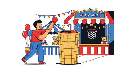 Man playing hoop shot game at carnival fairground, throwing ball into basket © Jadah