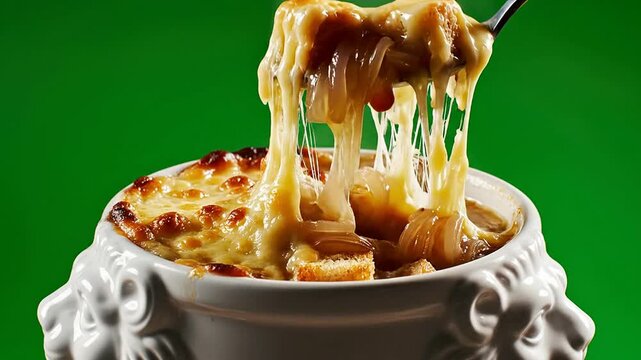 Delicious Cheesy Baked Dish Being Served with Spoon Isolated on Green Background