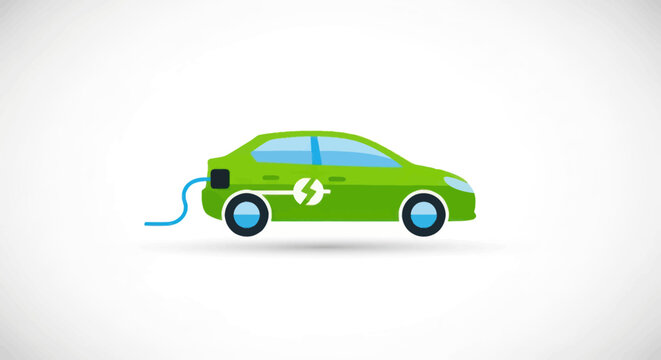 Green electric car charging with lightning bolt symbol