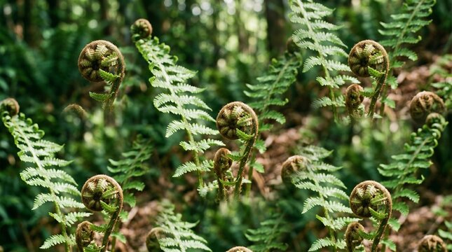 Lush green fern fiddleheads in a temperate rainforest, young unfurling fern fronds in a wild forest, natural botanical growth and spring foliage