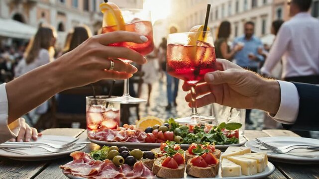 Elegant Outdoor Dining Scene at Sunset with Toasting Drinks and Gourmet Appetizers Platter in a Lively Social Setting