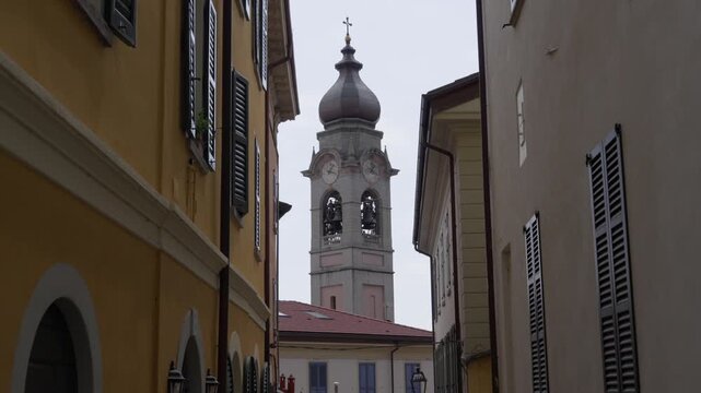 Town of Menaggio on Lake Como in Italy bell tower Church of Santo Stefano