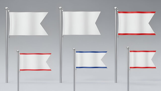 Set of six blank triangular flags hanging on a line against gray background