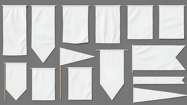 Set of blank white paper banners and flags arranged on dark background