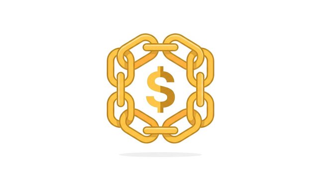 Flat vector icon of golden blockchain chain links forming a block with dollar symbol