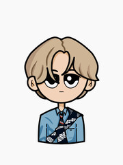 Fototapeta premium Vector Illustration of Young Man with Blonde Hair Wearing Light Blue Shirt and Stripe Sweater Over Shoulder 