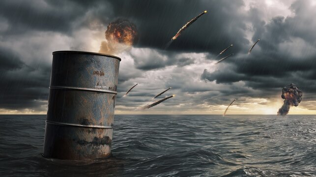 "Oil barrel in stormy war-torn ocean with missiles and fiery explosions"
