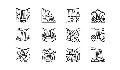 Minimal waterfall line icon set with outdoor landscape web symbols vector illustration © MD
