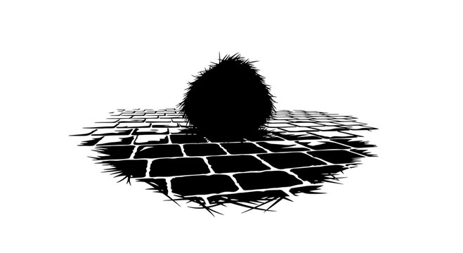 Solitary tumbleweed silhouette on cobblestone path