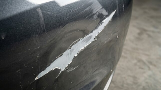 Close-up of a severe gash and paint damage on a dark metallic car body panel. The deep scratch reveals the primer layer and bare metal, indicating a collision or scraping impact.