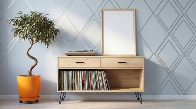 A light wood credenza with records and a plant in an orange pot in a room