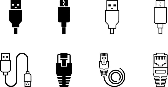 Set of computer cable vector icons featuring USB HDMI and ethernet connector symbols in minimalist outline silhouette style.