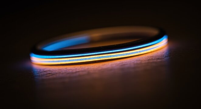 Glowing blue and orange light ring abstract background on dark surface