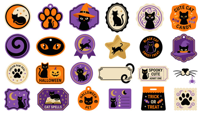 Cute Halloween sticker collection with pumpkins, black cats, witch hats, ghosts, bats, candies, spooky labels and festive party design elements