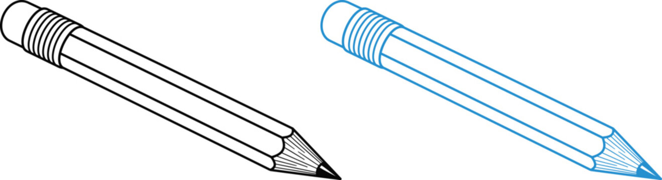 Two simple graphite pencils with erasers in a black outline and a blue gradient line art style design