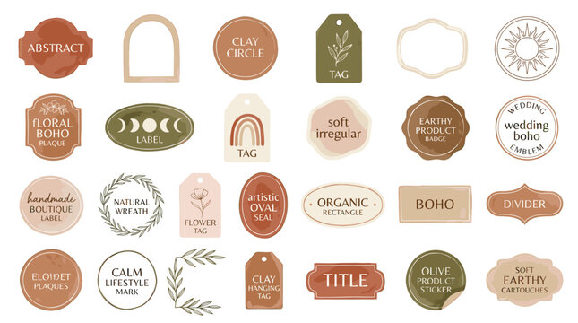 Boho abstract label and badge collection with earthy shapes rainbows moons botanical accents tags frames and modern minimalist design elements