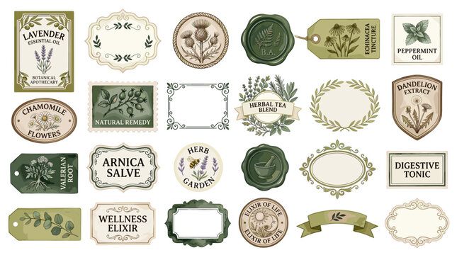 Vintage botanical label and herbal remedy badge collection with plant tags wellness seals apothecary frames and natural product packaging elements