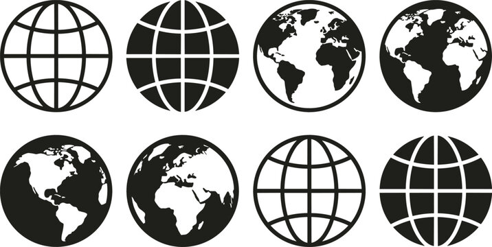 Set of globe earth vector icons featuring world map and international geography symbols in minimalist black outline style.