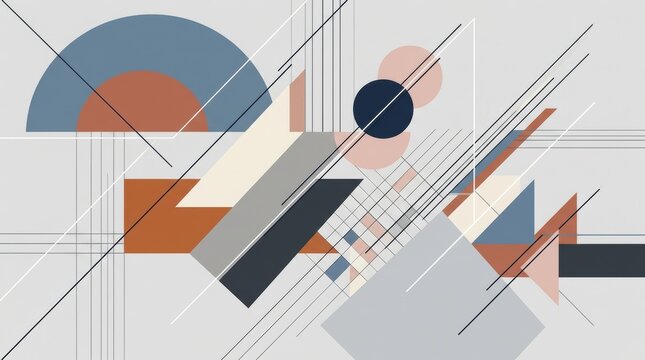 Bauhaus style geometric abstract background, minimalist architectural composition with diagonal lines, retro mid-century modern shapes in muted earth tones