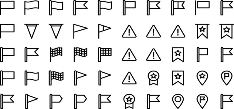 Flag and Marker Outline Icons Set Featuring Warning Symbols Location Pins Achievement Badges and Navigation Elements for User Interface Vector Design Collection
