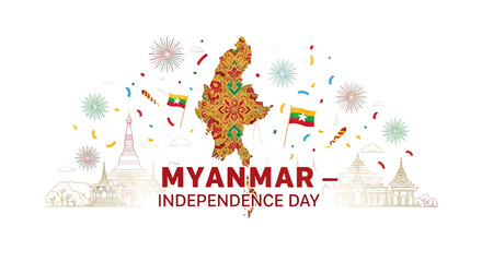 Fototapeta premium Myanmar Independence Day Celebration with Map and Flags.